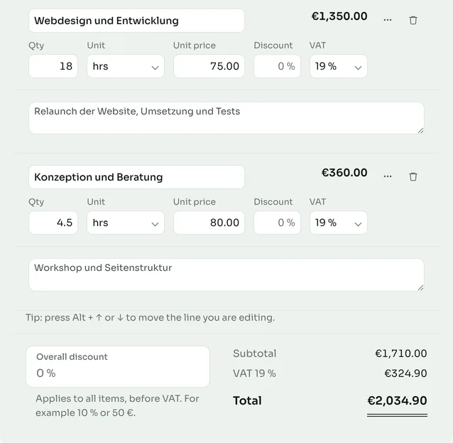 Saldiqo invoice editor with the line item “Webdesign und Entwicklung”: 18 × €75.00 = €1,350.00